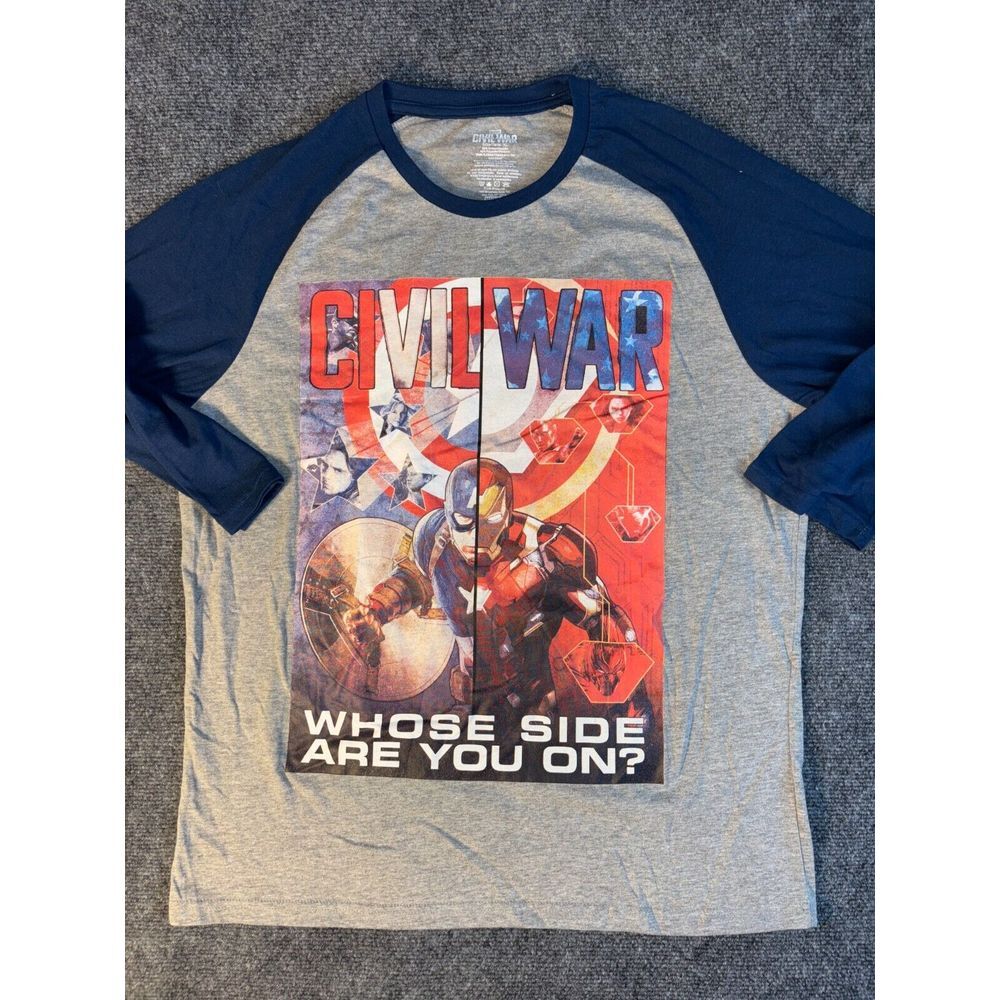 Marvel Shirt Mens Tall L Gray Cotton Long Sleeve Crew Neck Graphic Civil War Tee